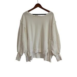 We the Free FP Terry Top S White Oversized Hi/LO Hem Distressed Pullover Casual